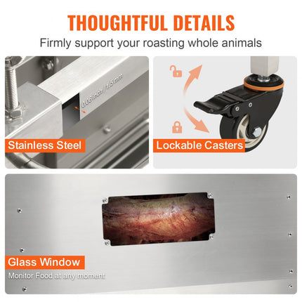 VEVOR speenvarkensgrill lamsgrill 117 cm, 60 kg RVS rotisserie in hoogte verstelbaar in 4 niveaus, 50 W 2 in 1 BBQ rotisserie grill incl. kruidenpotje & reinigingsborstel & handvat elektrische grill met deksel