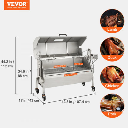 VEVOR speenvarkensgrill lamsgrill 117 cm, 60 kg RVS rotisserie in hoogte verstelbaar in 4 niveaus, 50 W 2 in 1 BBQ rotisserie grill incl. kruidenpotje & reinigingsborstel & handvat elektrische grill met deksel