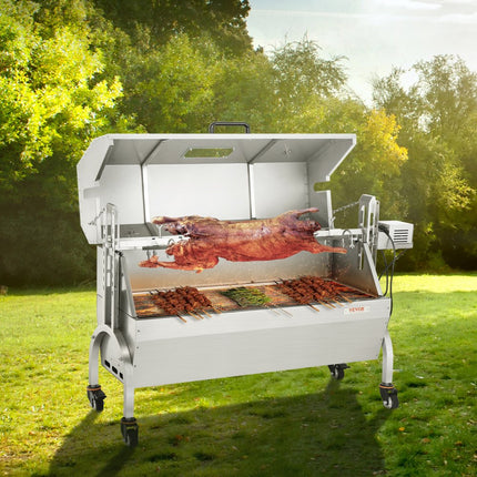 VEVOR speenvarkensgrill lamsgrill 117 cm, 60 kg RVS rotisserie in hoogte verstelbaar in 4 niveaus, 50 W 2 in 1 BBQ rotisserie grill incl. kruidenpotje & reinigingsborstel & handvat elektrische grill met deksel