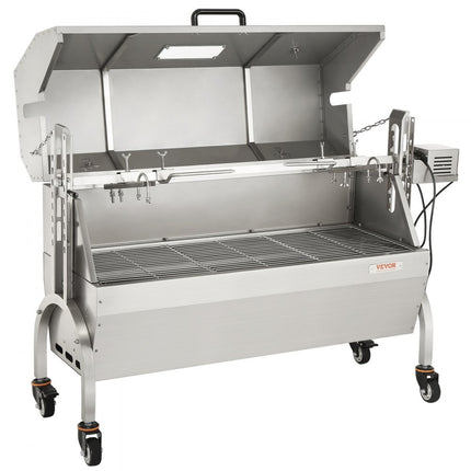 VEVOR speenvarkensgrill lamsgrill 117 cm, 60 kg RVS rotisserie in hoogte verstelbaar in 4 niveaus, 50 W 2 in 1 BBQ rotisserie grill incl. kruidenpotje & reinigingsborstel & handvat elektrische grill met deksel