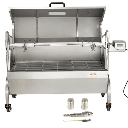 VEVOR speenvarkensgrill lamsgrill 117 cm, 60 kg RVS rotisserie in hoogte verstelbaar in 4 niveaus, 50 W 2 in 1 BBQ rotisserie grill incl. kruidenpotje & reinigingsborstel & handvat elektrische grill met deksel