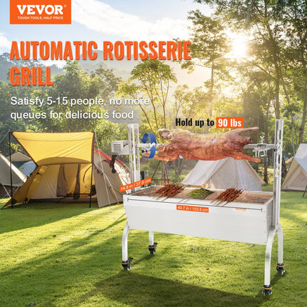 VEVOR speenvarkensgrill lamsgrill 117 cm, 41 kg RVS rotisserie 4-traps in hoogte verstelbaar, 50 W 2 in 1 BBQ rotisserie grill incl. kruidenpotje & reinigingsborstel & handvat elektrische grill verplaatsbaar