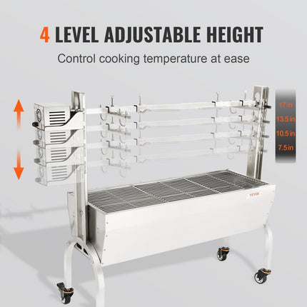 VEVOR speenvarkensgrill lamsgrill 117 cm, 41 kg RVS rotisserie 4-traps in hoogte verstelbaar, 50 W 2 in 1 BBQ rotisserie grill incl. kruidenpotje & reinigingsborstel & handvat elektrische grill verplaatsbaar