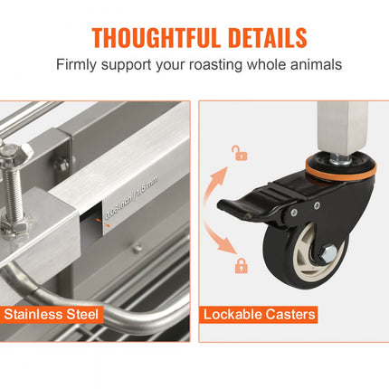 VEVOR speenvarkensgrill lamsgrill 117 cm, 41 kg RVS rotisserie 4-traps in hoogte verstelbaar, 50 W 2 in 1 BBQ rotisserie grill incl. kruidenpotje & reinigingsborstel & handvat elektrische grill verplaatsbaar