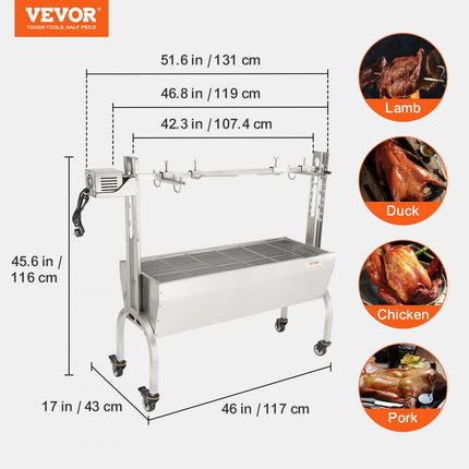 VEVOR speenvarkensgrill lamsgrill 117 cm, 41 kg RVS rotisserie 4-traps in hoogte verstelbaar, 50 W 2 in 1 BBQ rotisserie grill incl. kruidenpotje & reinigingsborstel & handvat elektrische grill verplaatsbaar