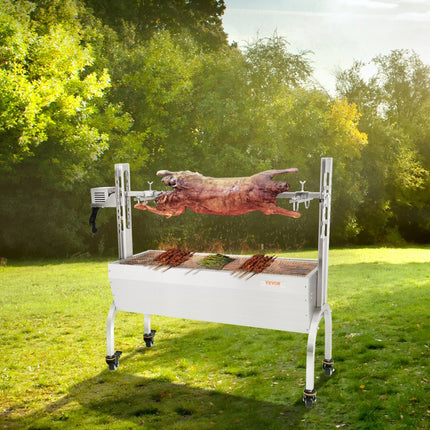 VEVOR speenvarkensgrill lamsgrill 117 cm, 41 kg RVS rotisserie 4-traps in hoogte verstelbaar, 50 W 2 in 1 BBQ rotisserie grill incl. kruidenpotje & reinigingsborstel & handvat elektrische grill verplaatsbaar