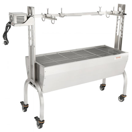 VEVOR speenvarkensgrill lamsgrill 117 cm, 41 kg RVS rotisserie 4-traps in hoogte verstelbaar, 50 W 2 in 1 BBQ rotisserie grill incl. kruidenpotje & reinigingsborstel & handvat elektrische grill verplaatsbaar