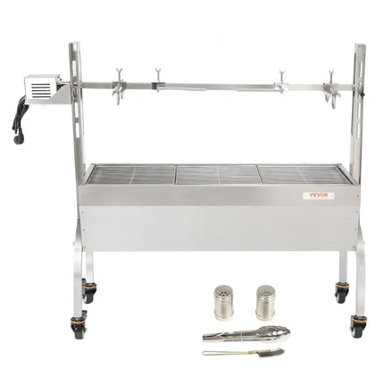 VEVOR speenvarkensgrill lamsgrill 117 cm, 41 kg RVS rotisserie 4-traps in hoogte verstelbaar, 50 W 2 in 1 BBQ rotisserie grill incl. kruidenpotje & reinigingsborstel & handvat elektrische grill verplaatsbaar