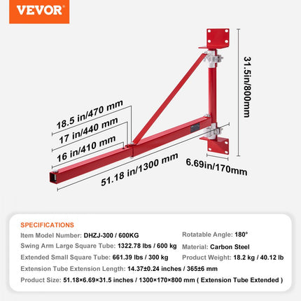 VEVOR elektrische takelsteunarm 600kg draagvermogen takelhouder zwenkarm met stang stalen takelframe, 180° draaibaar steigertakel hefarm liertakelarm voor werkplaatsgarage