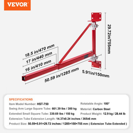 VEVOR elektrische takelsteunarm 300kg draagvermogen takelhouder zwenkarm met stang takelframe van staal, 180° draaibaar steigertakel hefarm liertakelarm voor werkplaatsgarage