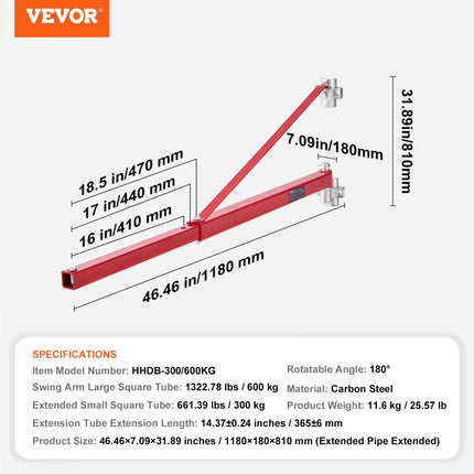 VEVOR Elektrische takelsteunarm 600 kg draagvermogen, elektrische takelhouder zwenkarm Stalen takelframe 180 ° draaibaar steigertakel Hefarm Lier Takelarm voor hijswerkplaats Garage