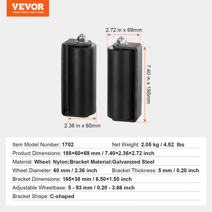 VEVOR Schuifpoortrollen Looprol Geleidingsrol C-Type Beugel 188x60x69mm