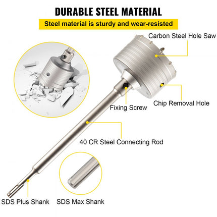 VEVOR 4-in-1 betongatenzaagset, 30 mm, 40 mm, 65 mm, 80 mm, 100 mm boorset SDS Plus & SDS MAX schachtmuurgatsnijder met 110 mm drijfstang voor beton, cement, stenen muren