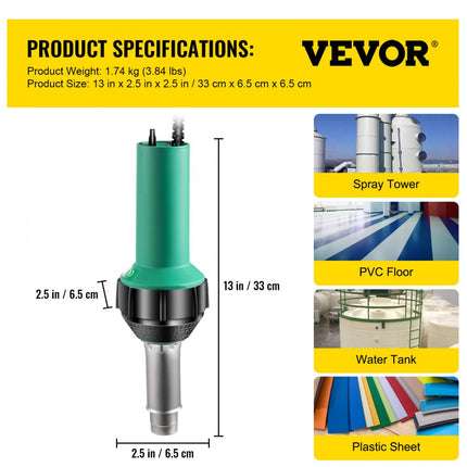 VEVOR Laspistool Kunststof 1600W PVC Lassenpistool 50HZ Lassen Heteluchtpistool Geschikt voor Las-, Groef-, Onderhouds- en Constructiewerkzaamheden van PVC-vloeren, Rubberen Vloeren en andere Vloeren