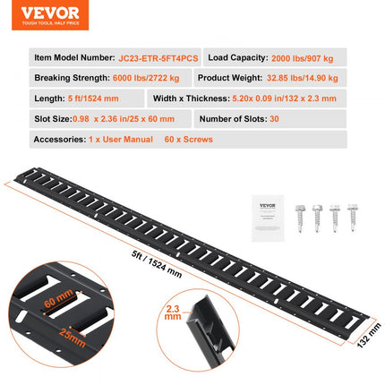 VEVOR E-Track railset, 1,5 meter stalen rails, 4 stuks, draagvermogen tot 2000 kg, zware rails met schroeven voor garages, bestelwagens, aanhangwagens, motorfietsbevestigingen, ATV-bevestigingen