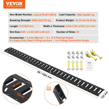 VEVOR E-Track sjorrailset, 18-delig, 1524 mm E-tracksset, inclusief 4 stalen rails en 8 O-ringankers en 4 sjorbanden met D-ring en 2 ratelriemen, bevestigingsaccessoires voor vrachtmotoren, 907 kg