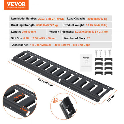VEVOR E-Track railset, 2 voet stalen rails, 4 stuks, draagvermogen tot 2000 lbs, zware rails met schroeven voor garages, bestelwagens, aanhangwagens, motorfietsbevestigingen, ATV-bevestigingen