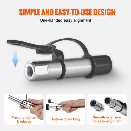 VEVOR Vetspuitkoppeling 10.000 PSI Hogedruk 3-klauwvergrendeling Snelle ontgrendeling Vetspuittip met slang/Zerk-fittingen Reiniger/lekvrije dop Compatibel met alle vetspuiten