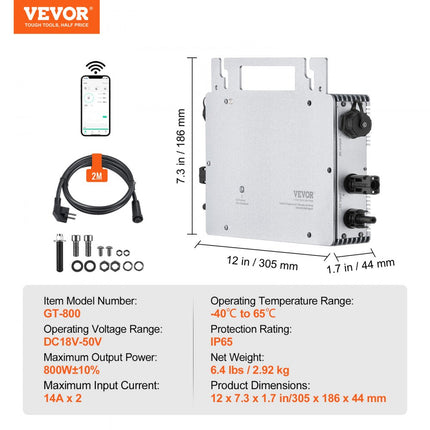 VEVOR Solar Grid Tie Micro-omvormer 800W balkonkrachtcentrale IP65 aluminium zonne-energie Grid Tie Inverter DC 18-50V met APP WiFi-antenne voedingskabel voor zonnepaneelsystemen