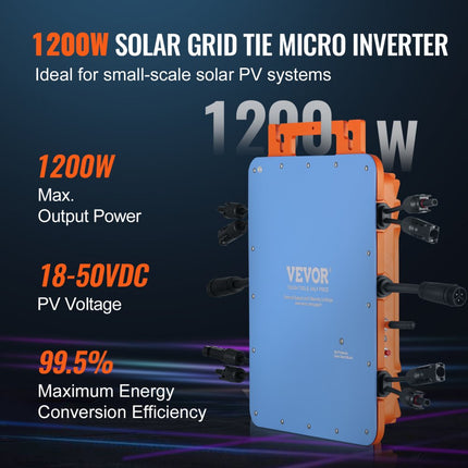 VEVOR Solar Grid Tie Micro-omvormer, 1200W Solar Micro-omvormer, IP67 waterdichte aluminium zonne-energie Grid Tie Inverter DC18-50V bedrijfsspanning met APP WiFi-antenne voedingskabel, voor S