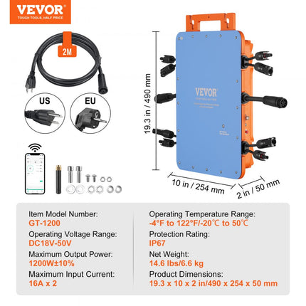 VEVOR Solar Grid Tie Micro-omvormer, 1200W Solar Micro-omvormer, IP67 waterdichte aluminium zonne-energie Grid Tie Inverter DC18-50V bedrijfsspanning met APP WiFi-antenne voedingskabel, voor S