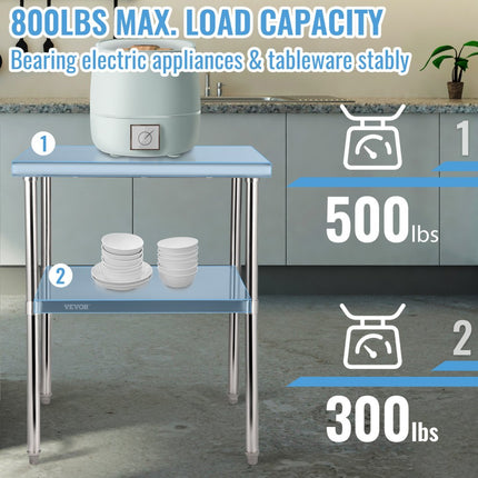 VEVOR Commerciële roestvrijstalen tafel 30" x 30" x 36" roestvrijstalen tweelaagse werktafel Demontagetafel Gastro 226kg + 136kg Draagvermogen Commerciële keukentafel Voorbereidingstafel Keukenmeubilair