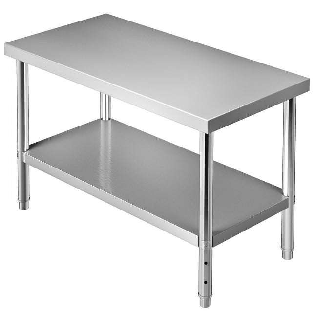 VEVOR Commerciële roestvrijstalen tafel 122 x 61 x 86 cm, roestvrijstalen tweelaagse werktafel, snijtafel, gastro 150 kg + 100 kg draagvermogen, commerciële keukentafel, in hoogte verstelbare voorbereidingstafel