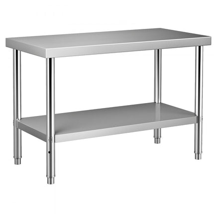 VEVOR Commerciële roestvrijstalen tafel 122 x 76 x 86 cm, roestvrijstalen tweelaagse werktafel, snijtafel, gastro 150 kg + 100 kg draagvermogen, commerciële keukentafel, in hoogte verstelbare voorbereidingstafel
