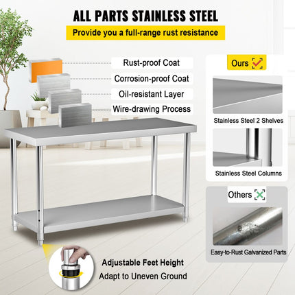 VEVOR Commerciële roestvrijstalen tafel 183 x 76 x 86 cm, roestvrijstalen tweelaagse werktafel snijtafel gastro 150 kg + 100 kg draagvermogen, commerciële keukentafel, in hoogte verstelbare voorbereidingstafel