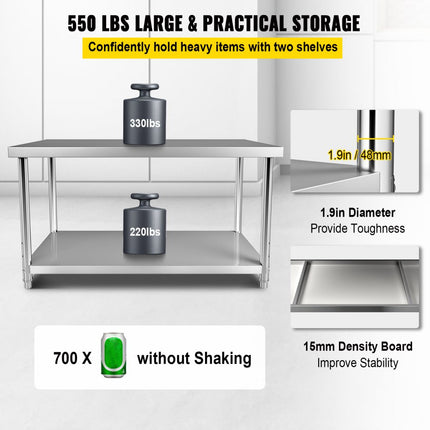 VEVOR Commerciële roestvrijstalen tafel 183 x 76 x 86 cm, roestvrijstalen tweelaagse werktafel snijtafel gastro 150 kg + 100 kg draagvermogen, commerciële keukentafel, in hoogte verstelbare voorbereidingstafel