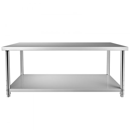 VEVOR Commerciële roestvrijstalen tafel 183 x 76 x 86 cm, roestvrijstalen tweelaagse werktafel snijtafel gastro 150 kg + 100 kg draagvermogen, commerciële keukentafel, in hoogte verstelbare voorbereidingstafel