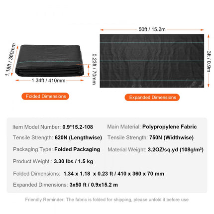 VEVOR 108g/m² onkruidvlies tuinvlies tegen onkruid 0,9x15,2m onkruidfolie van PP Waterdoorlatend Scheurvast Corrosiebestendig Onkruidvlies 620/750N treksterkte Onkruidwerend vloerdoek