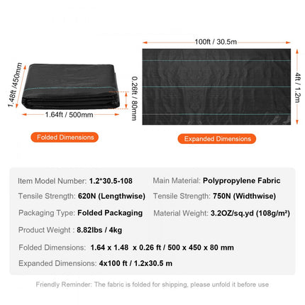 VEVOR 108g/m² onkruidvlies tuinvlies tegen onkruid 1,2x30,5m onkruidfolie van PP Waterdoorlatend Scheurvast Corrosiebestendig Onkruidvlies 620/750N treksterkte Onkruidwerend vloerdoek