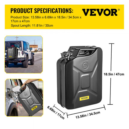 VEVOR Jerry Brandstofbus, 5,3 Gallon/20L Draagbare Jerry Gasbus met Flexibel Uitloopsysteem, Roestvrije en Hittebestendige Stalen Brandstoftank voor Auto Vrachtwagen Uitrusting, Zwart