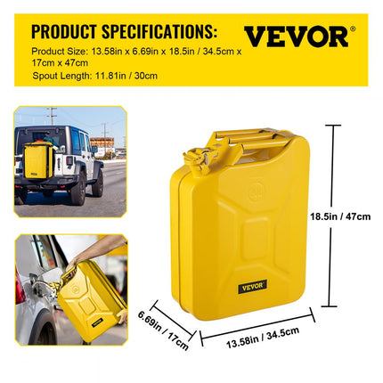 VEVOR Jerry Brandstofbus, 5,3 Gallon/20L Draagbare Jerry Gasbus met Flexibel Uitloopsysteem, Roestvrije en Hittebestendige Stalen Brandstoftank voor Auto Vrachtwagen Apparatuur, Geel
