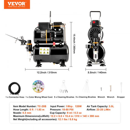 VEVOR airbrushset, luchttankcompressorsysteem met dubbele ventilator en luchtopslagtank van 3,5 liter, airbrushset met airbrush met 0,3 mm punt, beugel, kleurenmengwiel, set schoonmaakborstels, kunstnagelkoekje