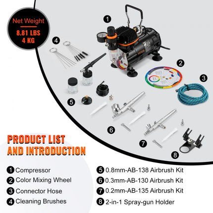 VEVOR airbrush set compressor compleet 220-240V spuitpistool verfpistool