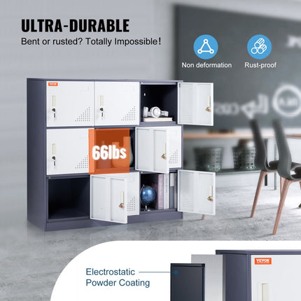 VEVOR lockerkast, lockerkast, 9-deurs opbergkast, garderobekast met 9 vakken, waardevolle spullenkast, 30 kg laadvermogen, kantoorlockers voor kantoor, thuis, school