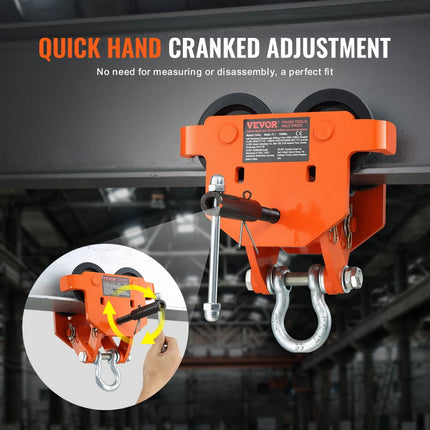 VEVOR handmatige trolley, draagvermogen van 4400 lbs/2 ton, duwbalkwagen met dubbele wielen, verstelbaar voor I-balk flensbreedte 2,8" tot 6,7", zware garagelift van gelegeerd staal voor