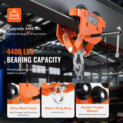 VEVOR handmatige trolley, draagvermogen van 4400 lbs/2 ton, duwbalkwagen met dubbele wielen, verstelbaar voor I-balk flensbreedte 2,8" tot 6,7", zware garagelift van gelegeerd staal voor