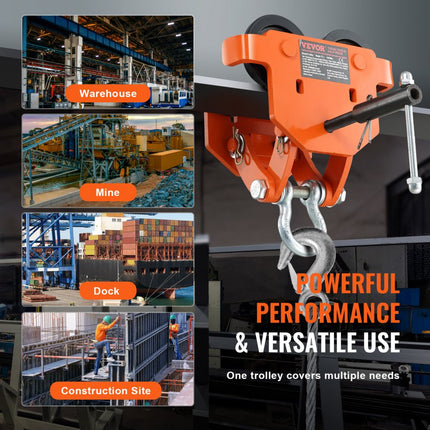 VEVOR handmatige trolley, draagvermogen van 4400 lbs/2 ton, duwbalkwagen met dubbele wielen, verstelbaar voor I-balk flensbreedte 2,8" tot 6,7", zware garagelift van gelegeerd staal voor