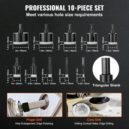 VEVOR diamantkernborenset 10-delig 6/10/12/20/25/30/35/40/45/50 mm diamantgatenzaagset driehoekschacht met opbergkoffer voor droog en nat werk diamantboren voor tegels