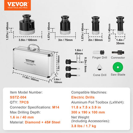 VEVOR diamantkernborenset 7-delig 6/6/6/20/25/35/50 mm diamantgatenzaagset met frees kegelboorzaagblad en opbergkoffer voor droge en natte diamantboren voor tegels en