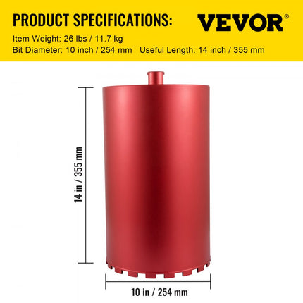 VEVOR diamantkernboor, kernboor met een diameter van 10"/254 mm, 14"/355 mm betonkernboor, 5/8"-11 draadkernboor, droog/natboor met mes, diamantnatboor voor Beto