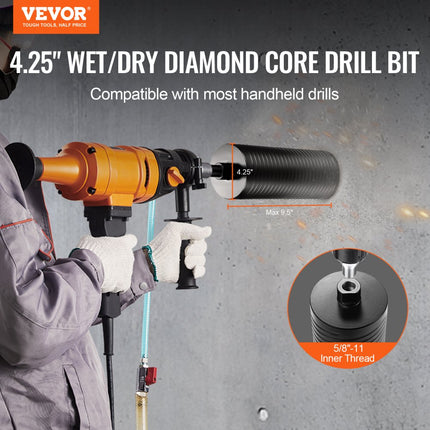 VEVOR diamantboor kernboor, 108 mm natte/droge diamantkernboor voor bakstenen en blokken, betonkernboor met geleideboor en zaagblad, 241,3 mm boordiepte, 5/8"-11 binnendraad