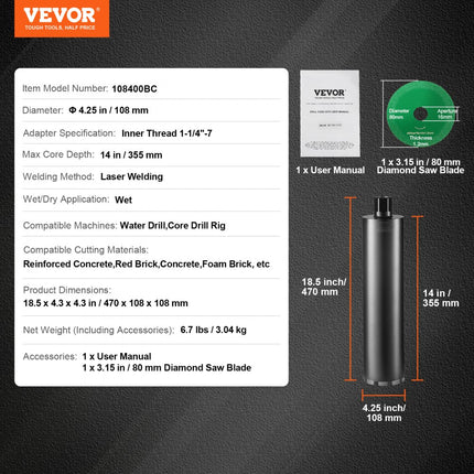 VEVOR diamantboor kernboor, 108 mm natte diamantkernboor, 355 mm boordiepte betonkernboor met zaagblad, 1-1/4"-7 binnendraad, laserlassen, diamant natte kernboor voor betonstenen