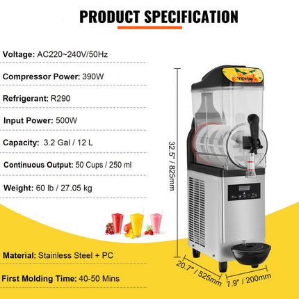 VEVOR Commerciële Slushy Machine 12L Single Bowl 25 Cup Margarita Maker 500W RVS Margarita Smoothie Frozen Drink Maker Slushie Machine voor Party Cafe Restaurants Bars Etc.