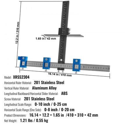 VEVOR Kasthardwaremal Verstelbare ponslocator 0-25 cm verticaal, Kasthardwaremal 0-20 cm Horizontale boorgeleider Punchlocator Aluminiumlegering + roestvrijstalen boorponslocator