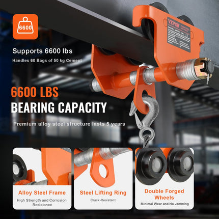 VEVOR loopkat 3 ton draagvermogen binnenkraan 63,5-203,2 mm verstelbare breedte kraan 300 x 295 x 308 mm verrijdbaar onderstel dubbele wieluitvoering steekwagen voor I en H balken binnenkraan laadkraan