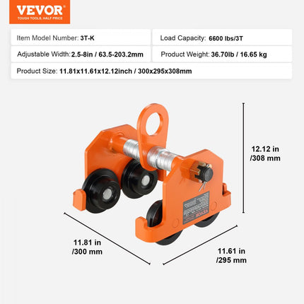 VEVOR loopkat 3 ton draagvermogen binnenkraan 63,5-203,2 mm verstelbare breedte kraan 300 x 295 x 308 mm verrijdbaar onderstel dubbele wieluitvoering steekwagen voor I en H balken binnenkraan laadkraan